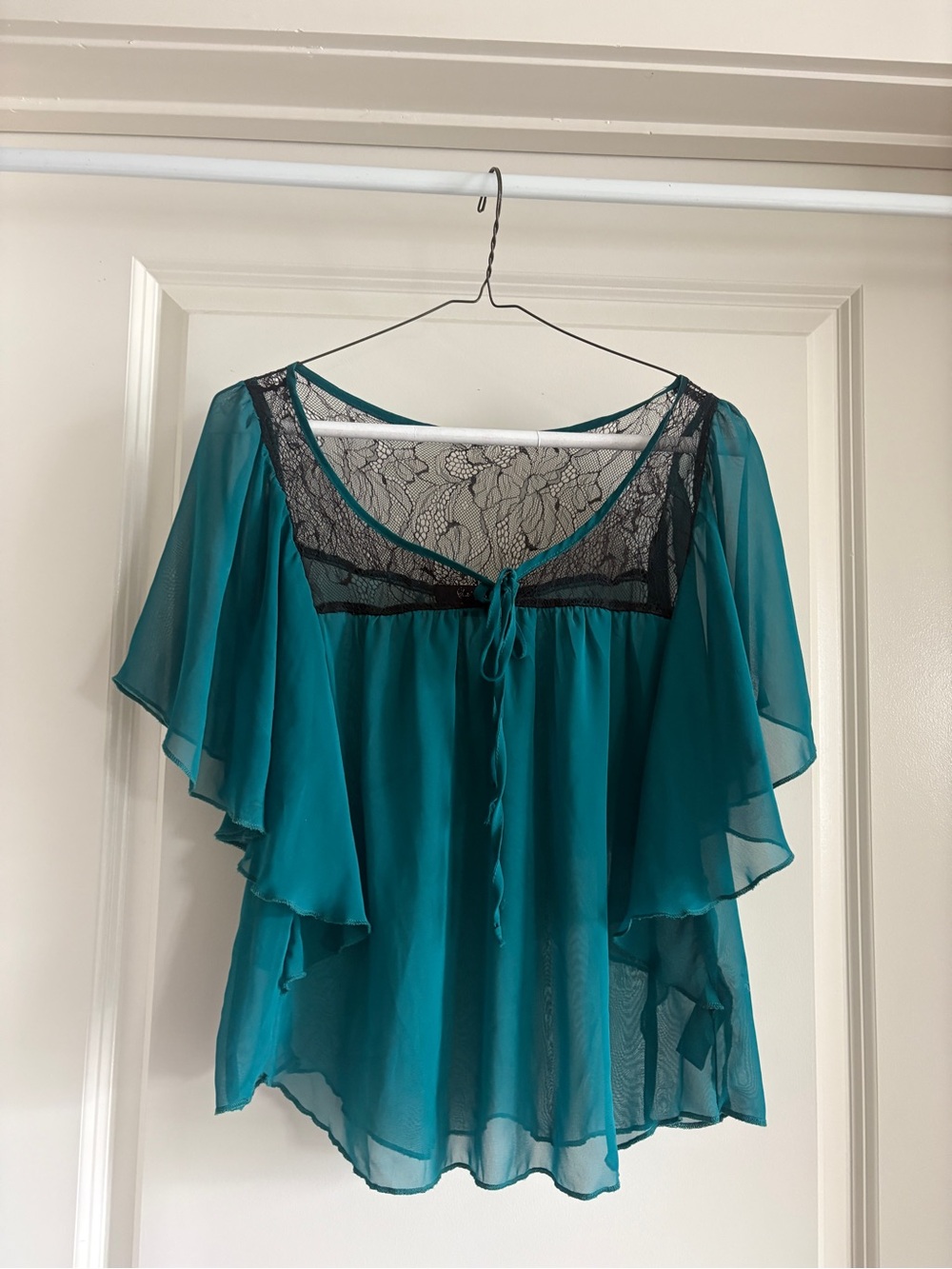 Sheer Teal Lace-Trim Flutter Sleeve Blouse